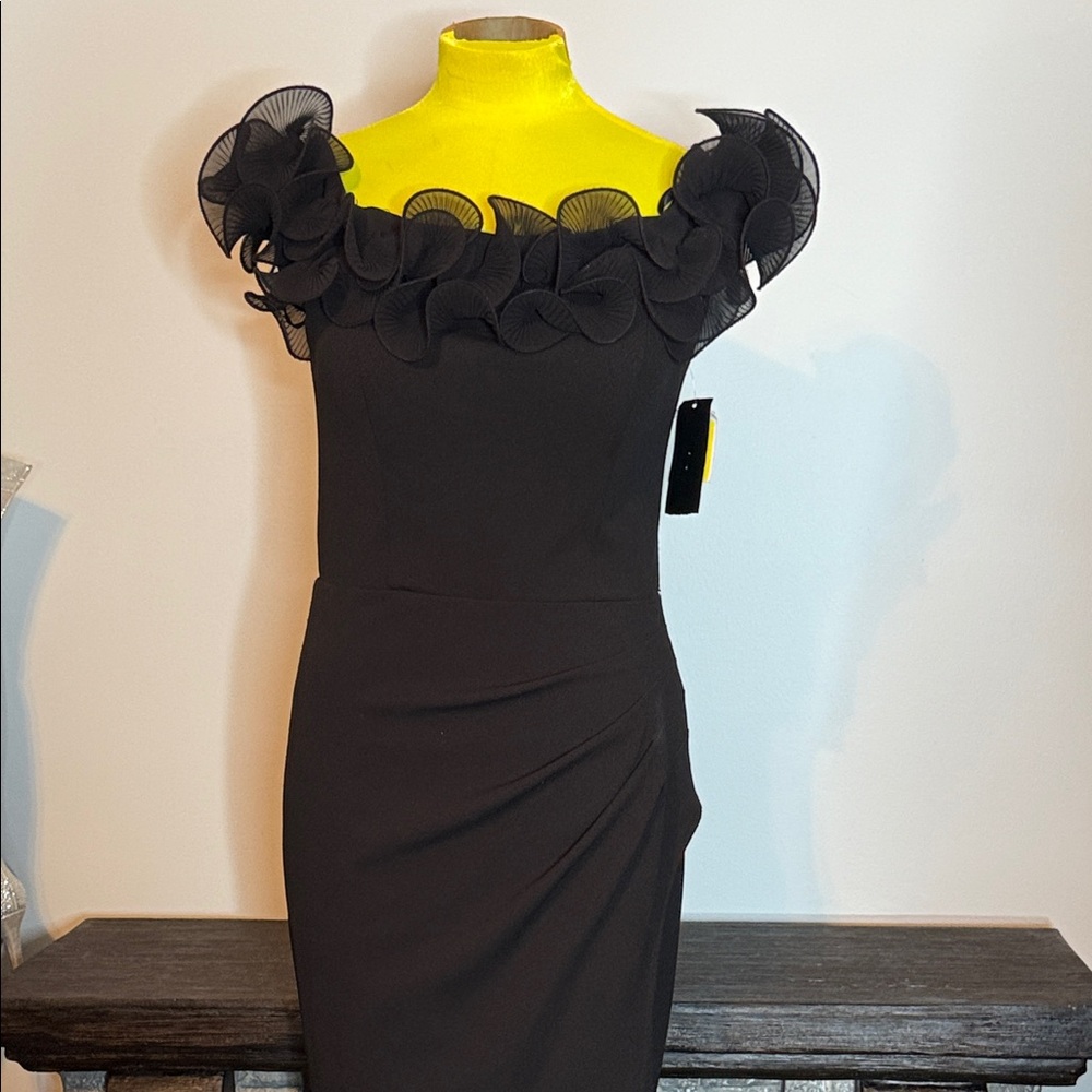 Xscape Black Strapless Dress with Ruffle Detail
